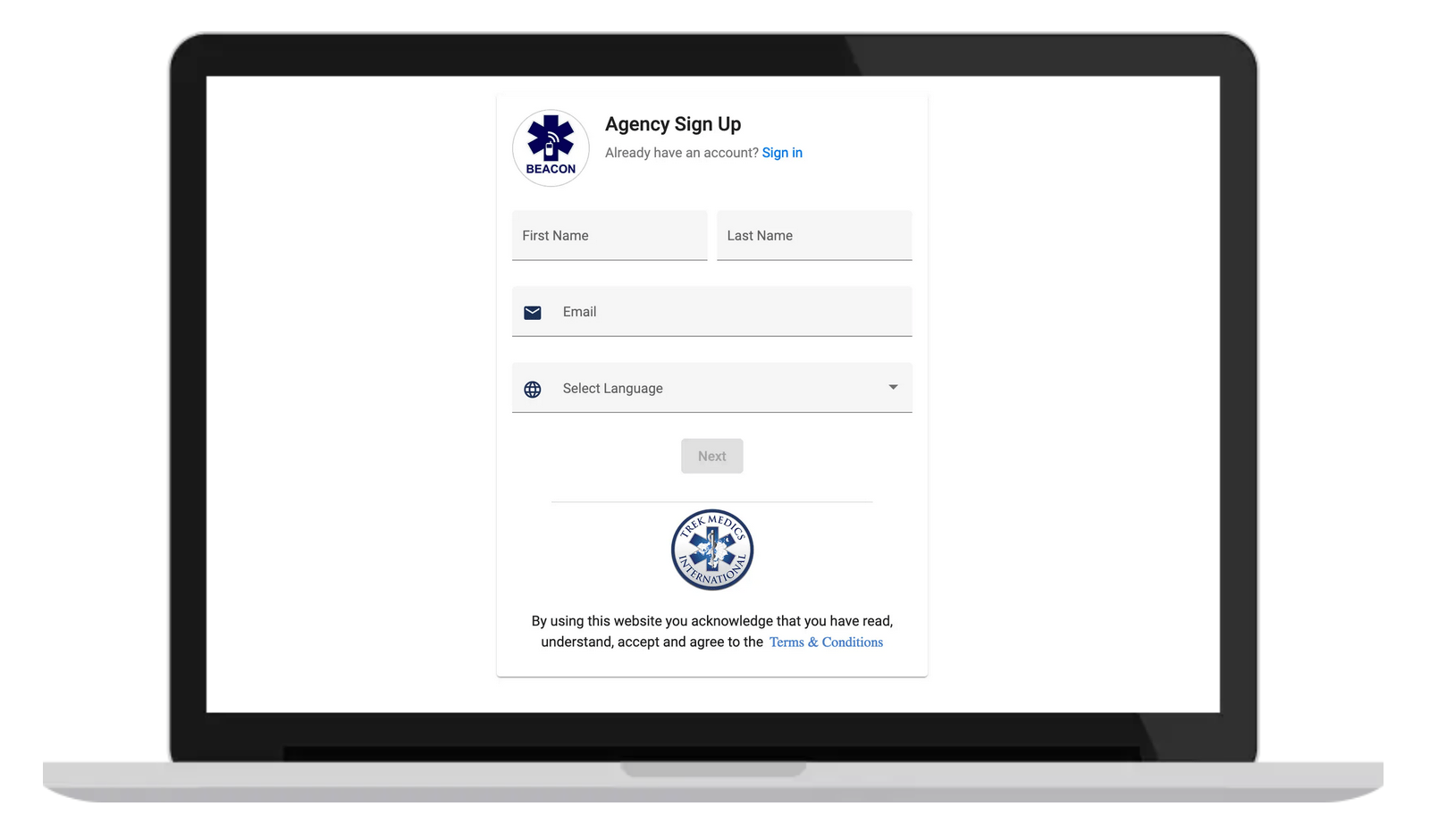 Laptop – Agency Account Sign Up Page – Beacon Emergency Dispatch Platform v5.0 Laptop - Agency Account Sign Up Page - Beacon Emergency Dispatch Platform v5.0